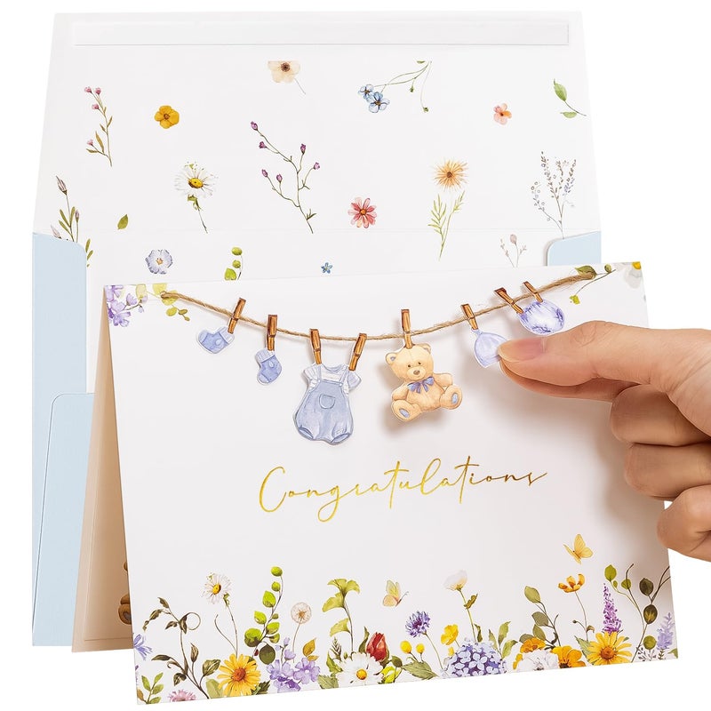 Crisky Baby Shower Cards for Boy Welcome New Baby Boy Cardï¼ˆ Blue Wildflower Floral Bearï¼‰ - Image 1