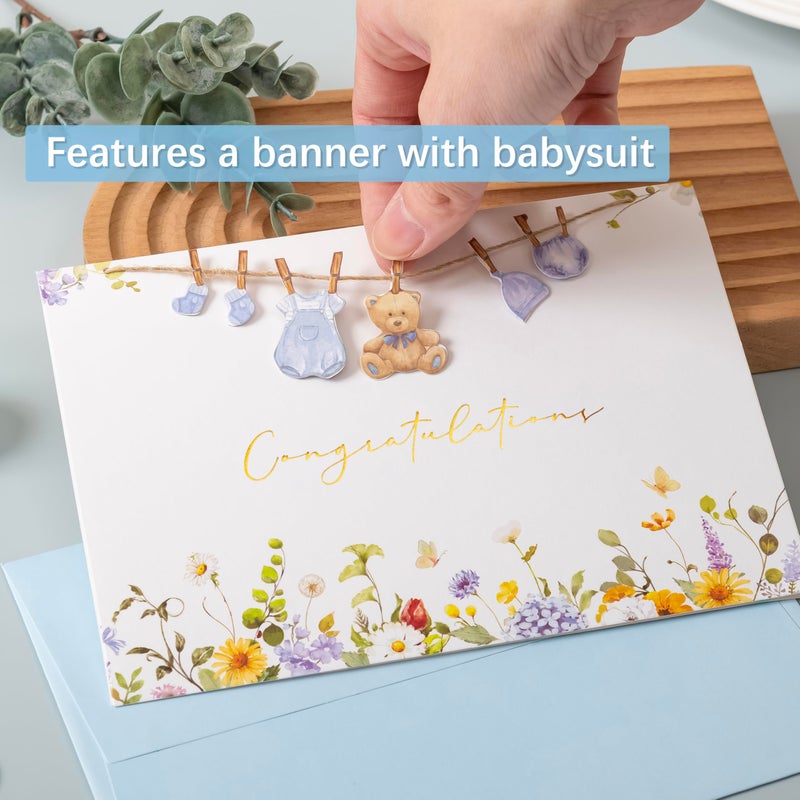 Crisky Baby Shower Cards for Boy Welcome New Baby Boy Cardï¼ˆ Blue Wildflower Floral Bearï¼‰ - Image 3
