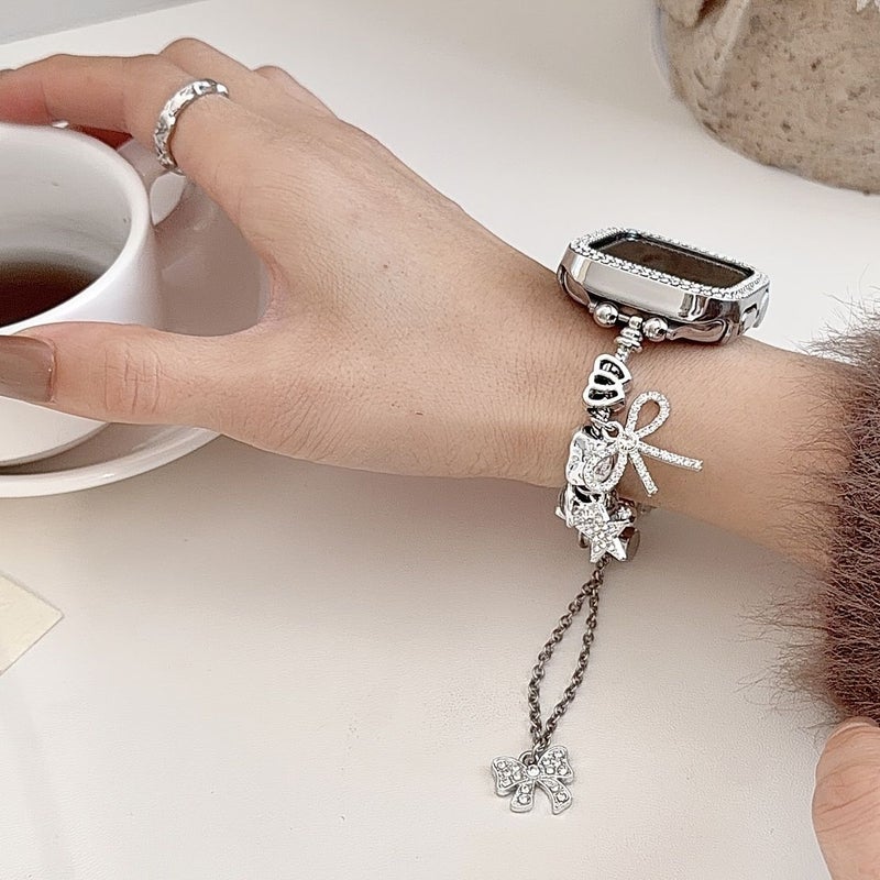 Silvery Women Watch Strap for Apple Watch 38 40 41 42mm Silver Note Bow Design - Image 5