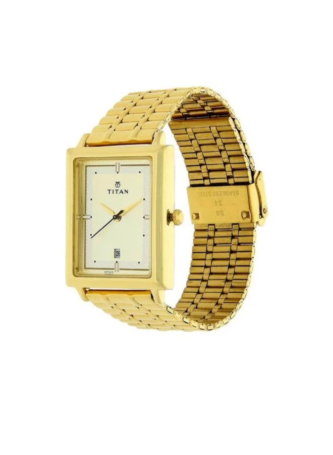 TITAN Titan Quartz Analog with Date Champagne Dial Golden Stainless Steel Strap Rectangular Shaped Watch For Men 1715ym02