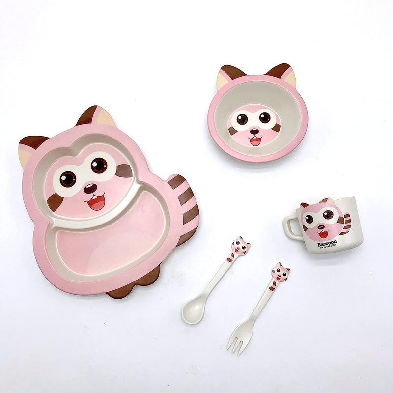 CherryBox Dinnerware Plate Set for Kids - Cartoon Design Crockery Set - Bamboo Fibre Eco Friendly (Cartoon - 5 Pc Set) Multi-Colour - Image 1