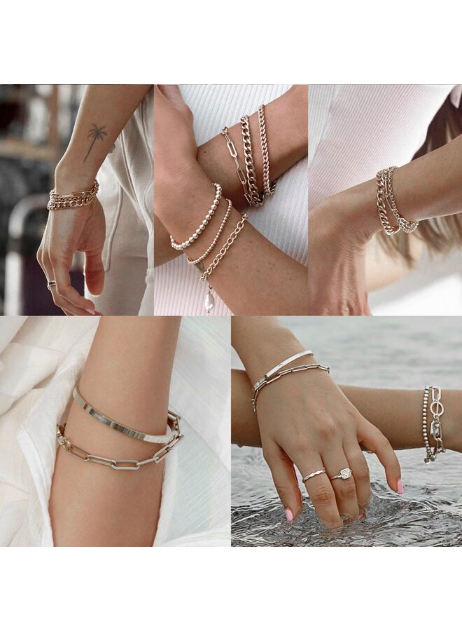 Bangle Cuff Bracelet Set, Plated Bracelet Stack Adjustable Tennis Beaded Paperclip Cuban Link Chain Bracelets Jewelry Accessories for Women (GOLD)  - Image 5