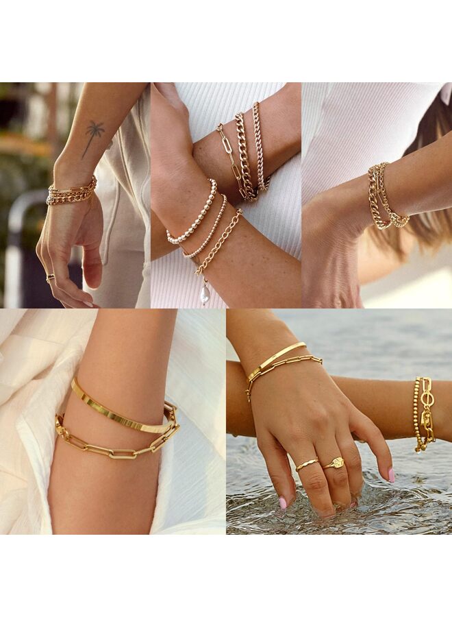 Bangle Cuff Bracelet Set, Plated Bracelet Stack Adjustable Tennis Beaded Paperclip Cuban Link Chain Bracelets Jewelry Accessories for Women (GOLD)  - Image 3