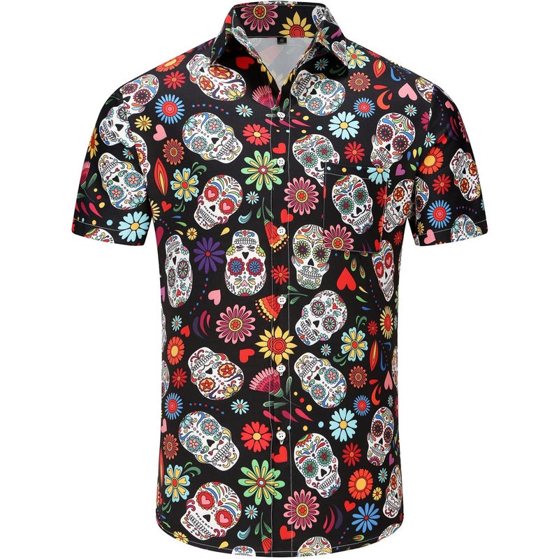 KYKU Sugar Skull Shirts for Men Soft Button Down Shirt Halloween, Colourful, L - Image 4