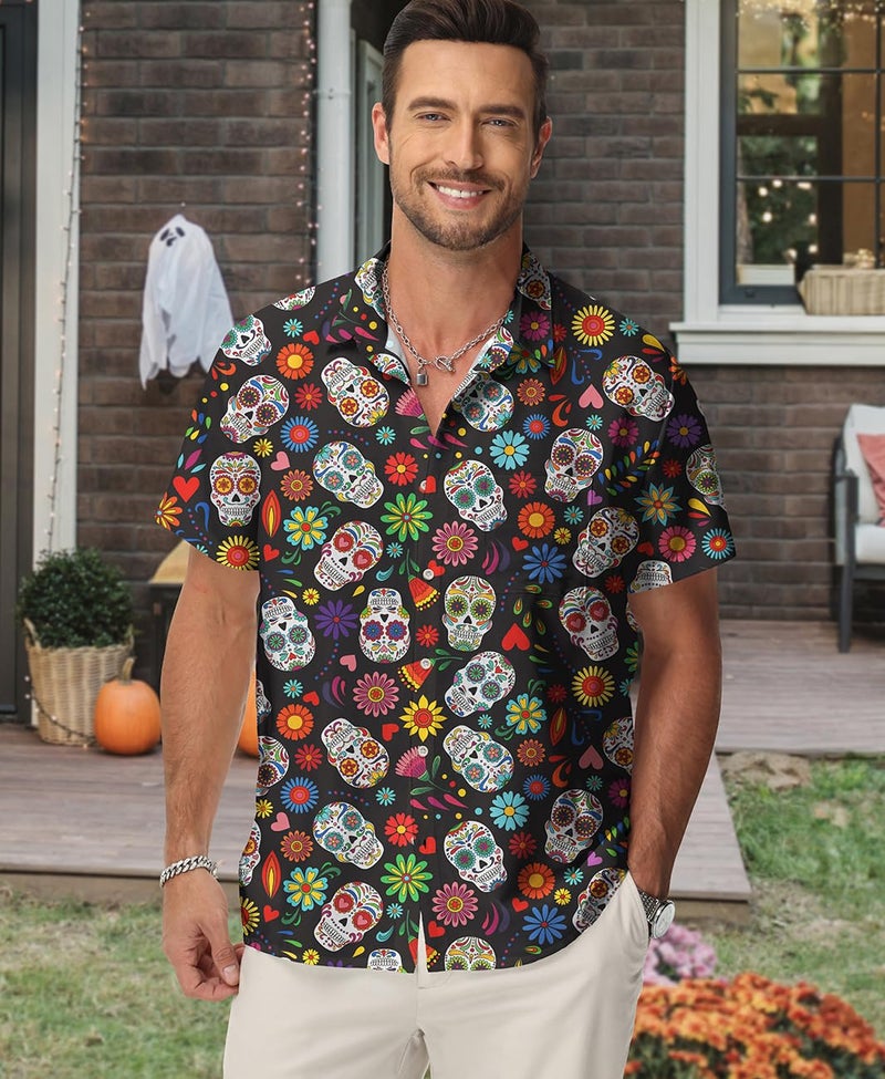 KYKU Sugar Skull Shirts for Men Soft Button Down Shirt Halloween, Colourful, L - Image 2