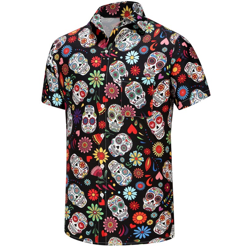 KYKU Sugar Skull Shirts for Men Soft Button Down Shirt Halloween, Colourful, L - Image 3