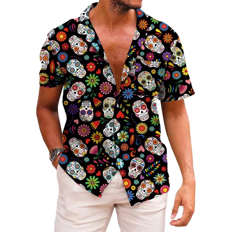 KYKU Sugar Skull Shirts for Men Soft Button Down Shirt Halloween, Colourful, L - Image 1