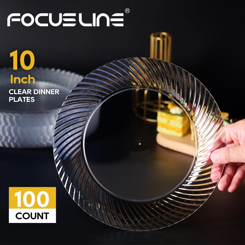 FOCUSLINE 10 Inch Clear Plastic Plates, 100 Count Disposable Heavy Duty Dinner Plates, Premium Hard Plastic for Weddings, Parties & Events - Image 2