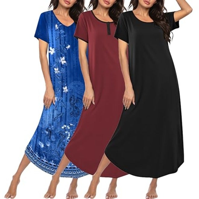Ekouaer Women's 3-Pack Long Nightgowns Plus Size Soft Moo Moo Sleepwear Short Sleeve House Dress