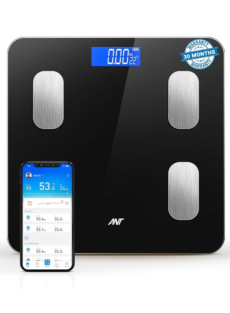 ANT الرياضات الإلكترونية ميزان ذكي فلورا | ميزان رقمي للحمام | دقة تصل إلى 0.1 كجم | مراقب الوزن الجسم والدهون | مؤشر كتلة العضلات | مراقب التركيبة الجسمية الإلكتروني بالبلوتوث | سعة 180 كجم | أسود - Image 1