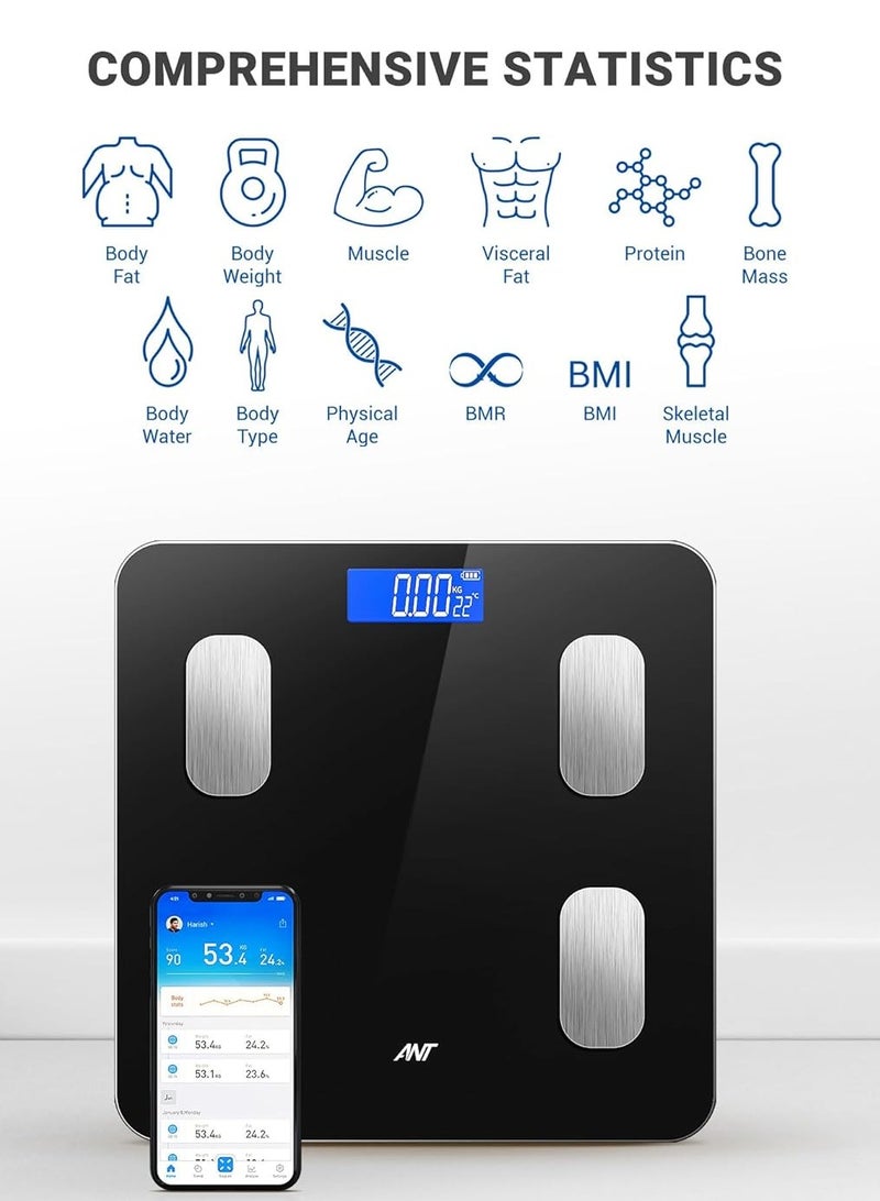 ANT الرياضات الإلكترونية ميزان ذكي فلورا | ميزان رقمي للحمام | دقة تصل إلى 0.1 كجم | مراقب الوزن الجسم والدهون | مؤشر كتلة العضلات | مراقب التركيبة الجسمية الإلكتروني بالبلوتوث | سعة 180 كجم | أسود - Image 2