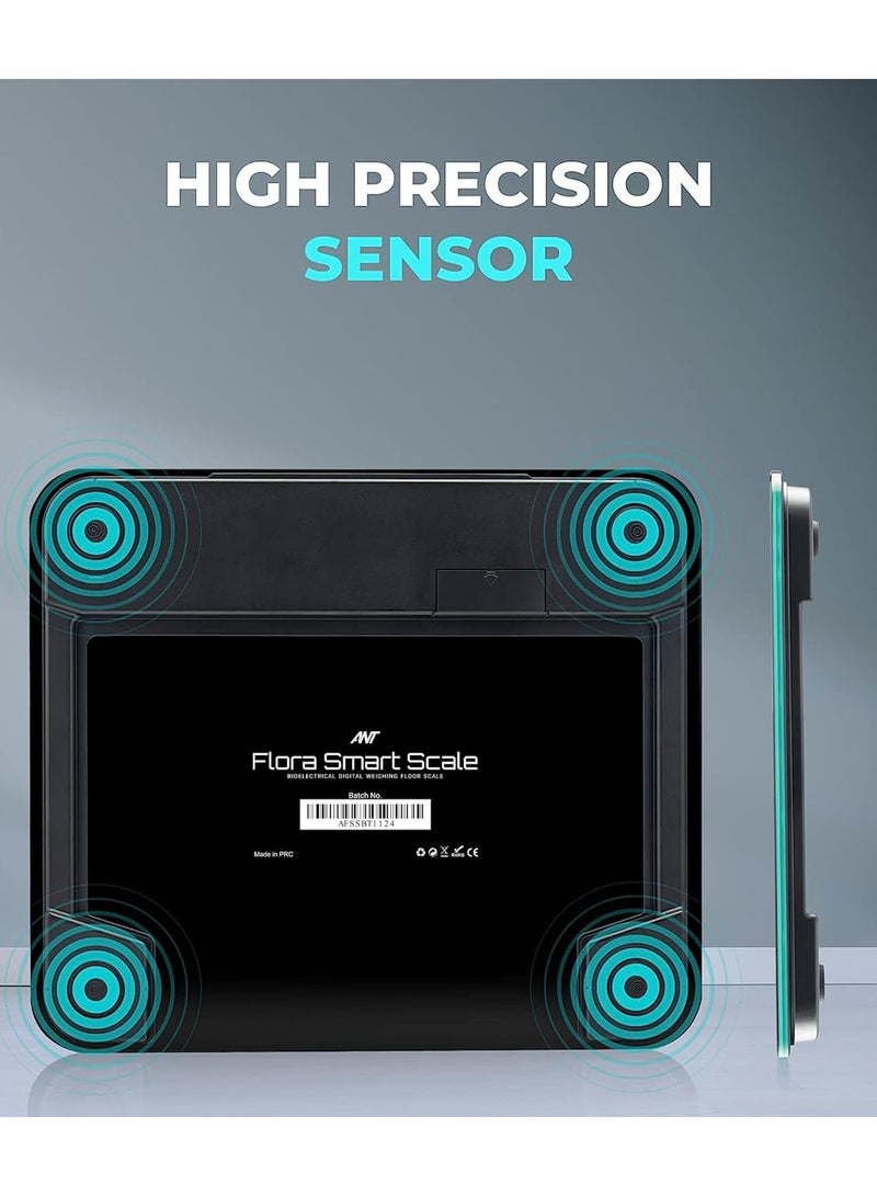 ANT الرياضات الإلكترونية ميزان ذكي فلورا | ميزان رقمي للحمام | دقة تصل إلى 0.1 كجم | مراقب الوزن الجسم والدهون | مؤشر كتلة العضلات | مراقب التركيبة الجسمية الإلكتروني بالبلوتوث | سعة 180 كجم | أسود - Image 4