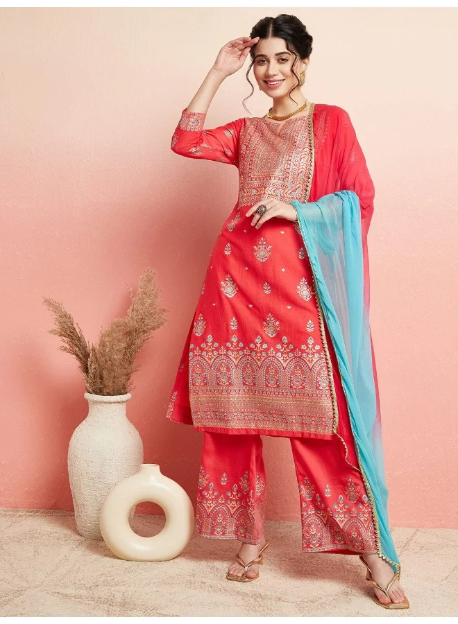 أيه كيه إس AKS Ethnic Motifs Printed Round Neck Kurta & Palazzos With Dupatta