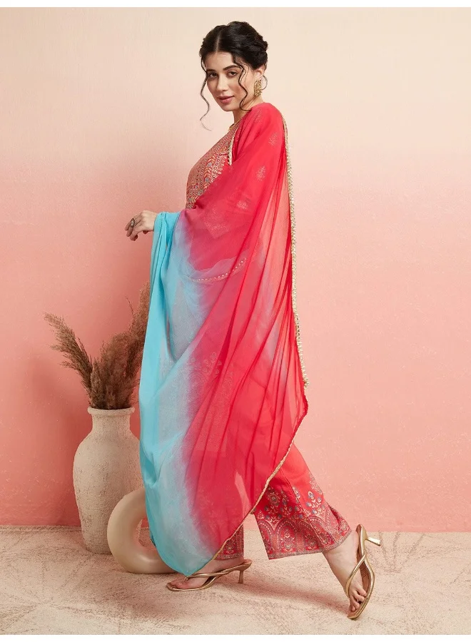 أيه كيه إس AKS Ethnic Motifs Printed Round Neck Kurta & Palazzos With Dupatta