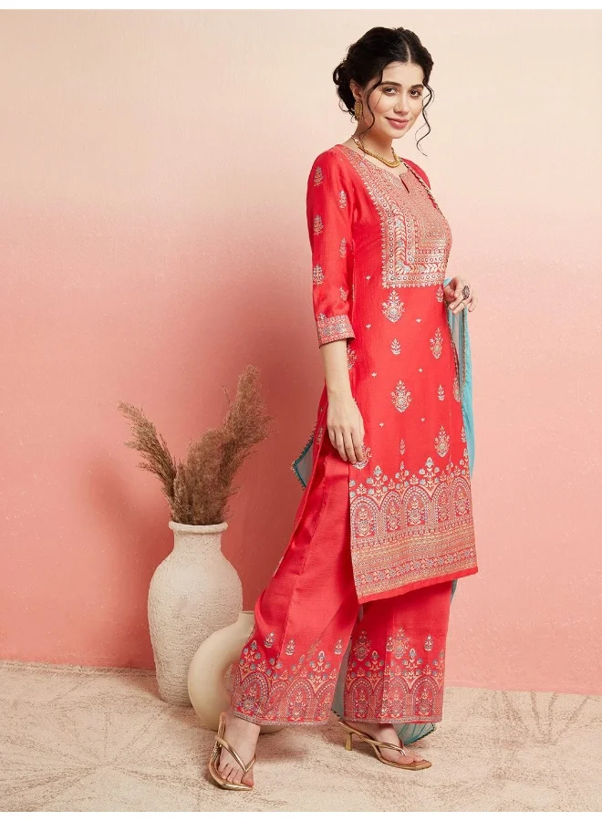 أيه كيه إس AKS Ethnic Motifs Printed Round Neck Kurta & Palazzos With Dupatta