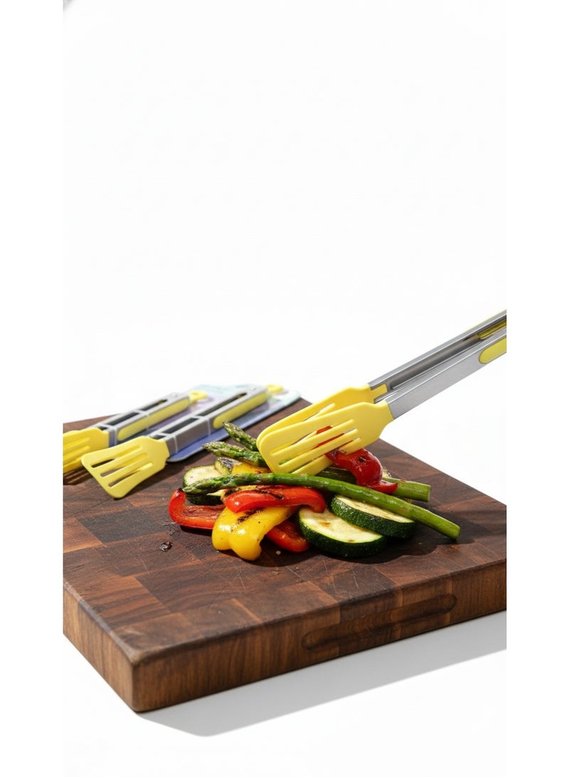 ORANGE KITCHEN 2-Piece Kitchen Tongs Set (Small & Large) - Stainless Steel Food Tongs with Non-Scratch Nylon Heads & Locking Mechanism - For BBQ, Cooking, and Serving (Yellow) - Image 2
