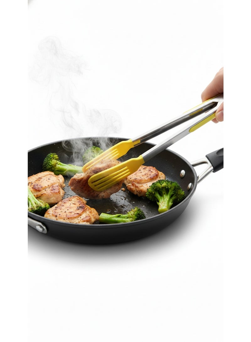 ORANGE KITCHEN 2-Piece Kitchen Tongs Set (Small & Large) - Stainless Steel Food Tongs with Non-Scratch Nylon Heads & Locking Mechanism - For BBQ, Cooking, and Serving (Yellow) - Image 3
