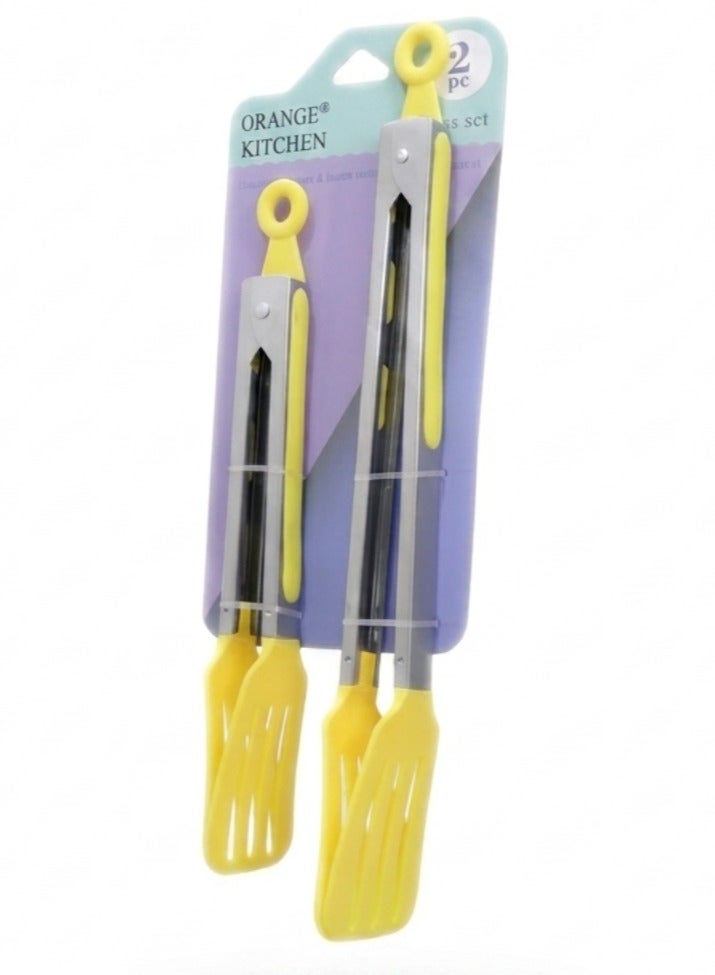 ORANGE KITCHEN 2-Piece Kitchen Tongs Set (Small & Large) - Stainless Steel Food Tongs with Non-Scratch Nylon Heads & Locking Mechanism - For BBQ, Cooking, and Serving (Yellow) - Image 1