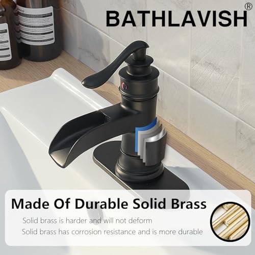 BATHLAVISH Matte Black Waterfall Bathroom Faucet, Single Handle Bathroom Sink Faucet 1 Hole or 3 Hole, Vanity Sink Faucet for Vintage Antique Lavatory Washroom with Pop Up Drain, Deck, 2 Hoses - Image 5