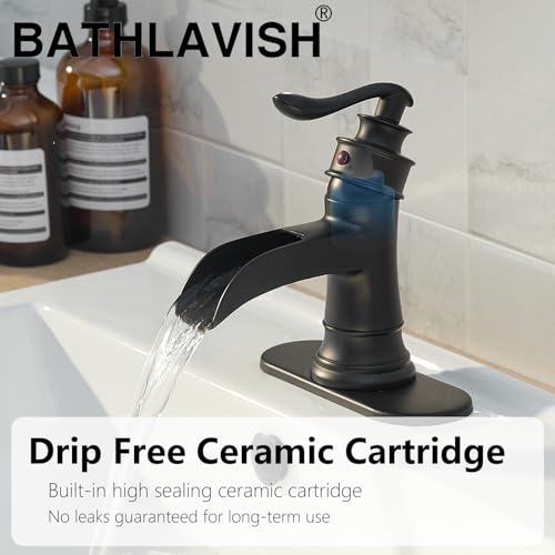 BATHLAVISH Matte Black Waterfall Bathroom Faucet, Single Handle Bathroom Sink Faucet 1 Hole or 3 Hole, Vanity Sink Faucet for Vintage Antique Lavatory Washroom with Pop Up Drain, Deck, 2 Hoses - Image 4