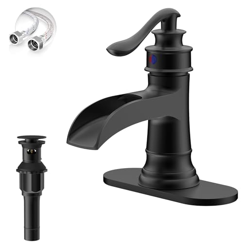 BATHLAVISH Matte Black Waterfall Bathroom Faucet, Single Handle Bathroom Sink Faucet 1 Hole or 3 Hole, Vanity Sink Faucet for Vintage Antique Lavatory Washroom with Pop Up Drain, Deck, 2 Hoses - Image 1