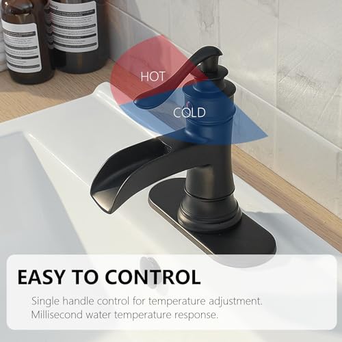 BATHLAVISH Matte Black Waterfall Bathroom Faucet, Single Handle Bathroom Sink Faucet 1 Hole or 3 Hole, Vanity Sink Faucet for Vintage Antique Lavatory Washroom with Pop Up Drain, Deck, 2 Hoses - Image 3