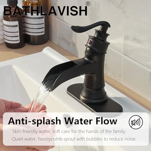 BATHLAVISH Matte Black Waterfall Bathroom Faucet, Single Handle Bathroom Sink Faucet 1 Hole or 3 Hole, Vanity Sink Faucet for Vintage Antique Lavatory Washroom with Pop Up Drain, Deck, 2 Hoses - Image 2
