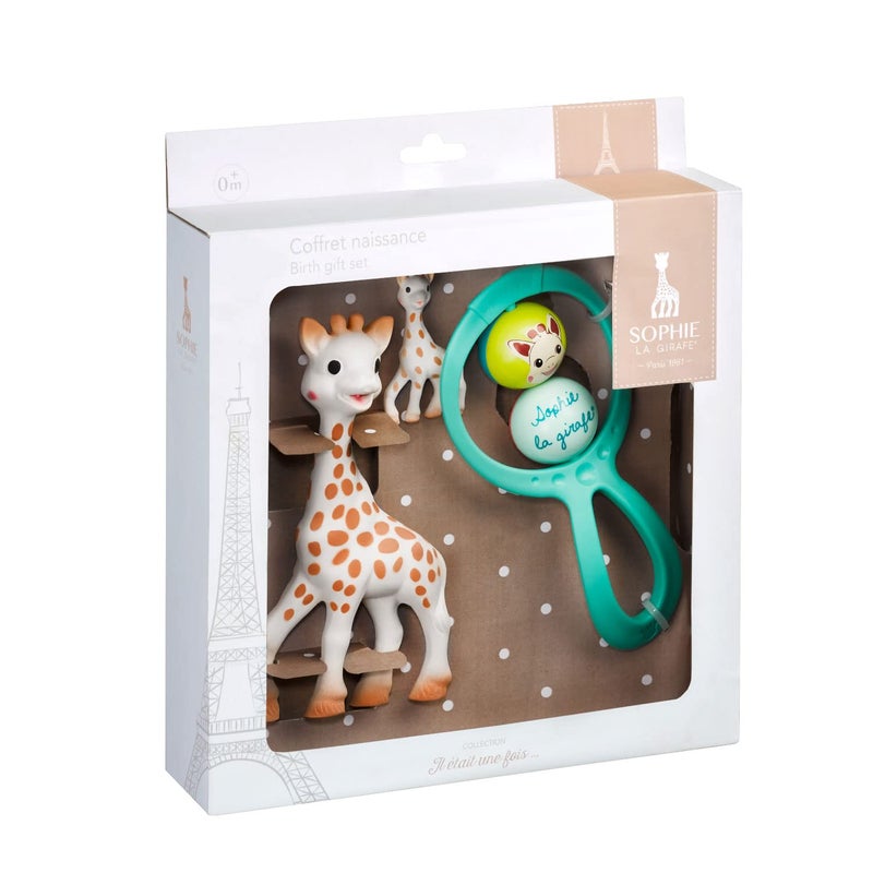 3 sprouts Sophie la Girafe Baby Essentials Gift Set, Original Giraffe Teething Toy, Rattle and Giraffe Keyring, Newborn 0m+ - Image 1