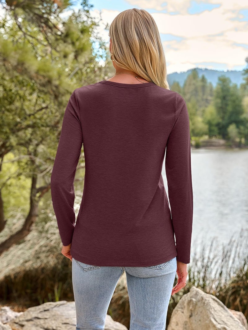 AUTOMET Womenâ€˜s Basic Long Sleeve Crewneck, Plus Size Winter & Spring Top, Casual Fall Tee for Teacher & Everyday Outfits 01WineRed XS - Image 4