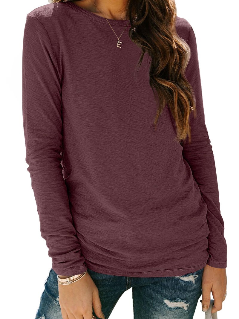 AUTOMET Womenâ€˜s Basic Long Sleeve Crewneck, Plus Size Winter & Spring Top, Casual Fall Tee for Teacher & Everyday Outfits 01WineRed XS - Image 1
