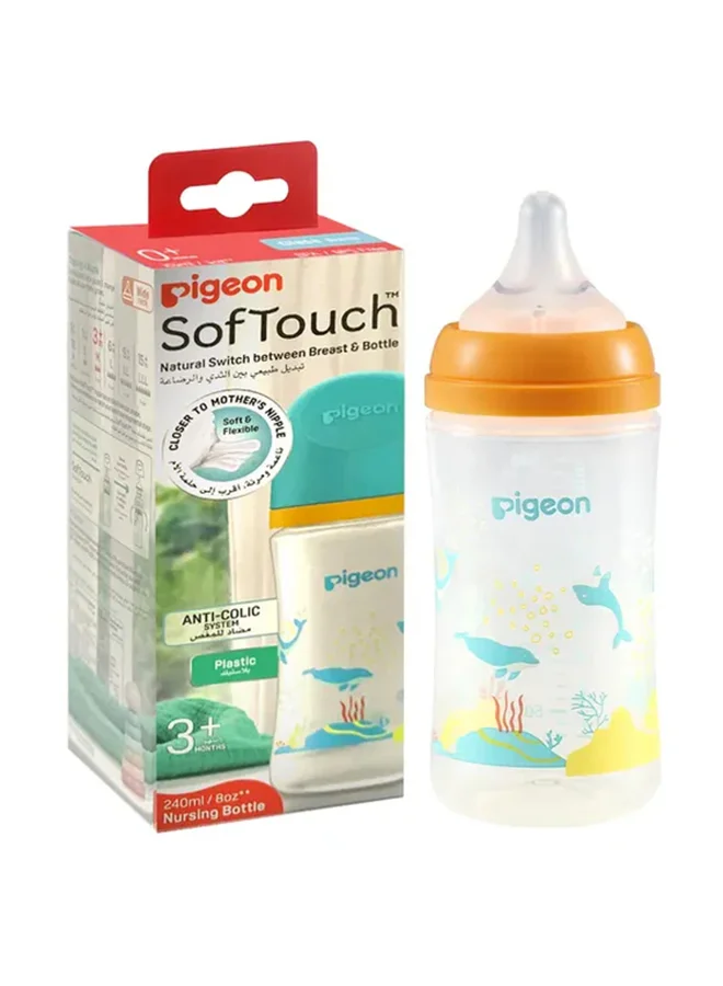 pigeon Softouch Wide Neck Peristaltic Plus Decorated Nursing Bottle, SS Nipple Size, Bpa Free, 0+ Months, 240ML - Assorted