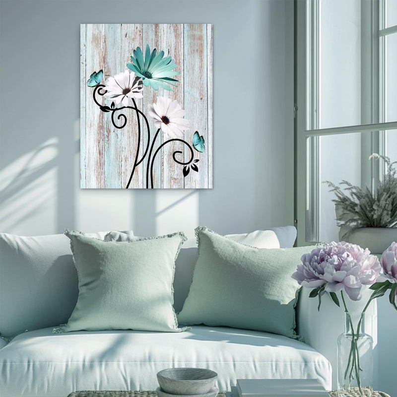 HVEST Teal Daisy Wall Art Vintage Flower and Butterfly on Rustic Wooden Abstract Painting Farmhouse Plant Wall Art for Bathroom Living Room Bedroom Kitchen Decor Ready to Hang, 16Lx12W Inches - Image 3
