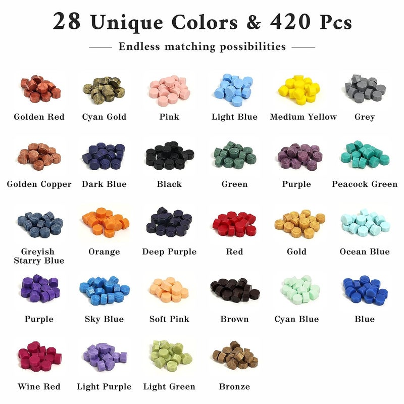 TRINIDa Wax Seal Kit - 420 Pcs in 28 Colors, Eco-Friendly Fast Melting Sealing Wax, Smokeless & Bubble-Free Wax Seal Beads with Melting Spoon & 10 Tea Lights for Wedding Invitations & Envelopes - Image 2