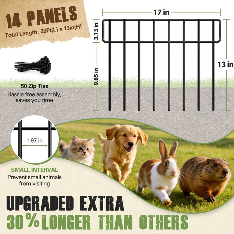 HIHADUUM 14 Pack 20Ft(L) X 13Inch(H) Animal Barrier Fence - Garden Fence Animal Barrier Garden Border Rustproof Metal No Dig Fence Panels for Dog Rabbit Defense Bottom Blocker for Outdoor Yard Patio - Image 2