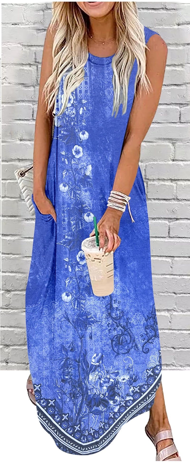 CHUNTIANRAN Women Summer Dresses Casual Loose Boho Floral Sundress Gradient Striped Beach Shirts Maxi Dress Travel Vacation Outfits(Large,Floral Blue 3) - Image 2