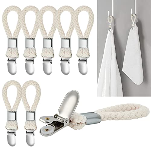 Elesunory 8PCS Hanging Tea Towels Clip, Metal towel hanger with Loop Cotton, Hand Towel Hook for Home Kitchen Bathroom Hanging Towels - Image 1