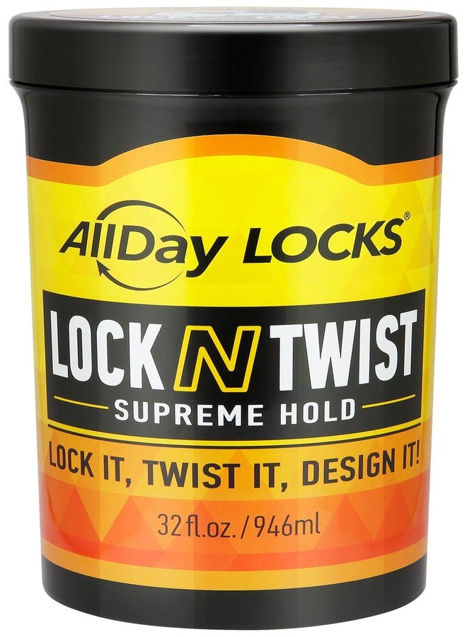 اوّل داي لوكس جل تثبيت قوي للغاية من AllDay Locks Lock N Twist - تحكم فائق في تصفيف الشعر، مناسب للشعر المجعد، والضفائر الصغيرة، واللفائف، وإعادة اللف، يوفر تحكمًا مثاليًا في حواف الشعر، جل قوي للشعر للنساء والرجال - عبوة 32 أونصة - Image 1