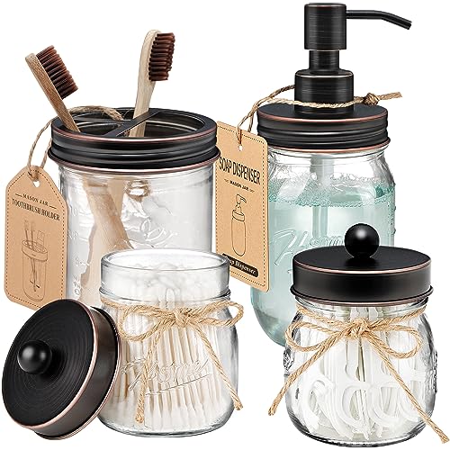 Amolliar Mason Jar Bathroom Accessories Set 4 Pcs -Lotion Soap Dispenser & 2 Qtip Holders & Toothbrush Holder - Rustic Farmhouse Decor, Bathroom Home Decor, Perfect Decorating Idea (Oil Rubbed Bronze) - Image 1