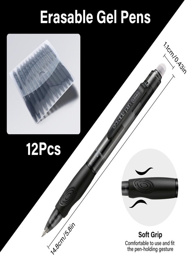 EUSOAR Erasable Pens Black, 12 Pack Eraser Pen Fine Point (0.5mm) Smooth Writing, Retractable Gel Ink Pens Make Mistakes Disappear for Note Taking Planner Sketching Crossword Puzzles - Image 2