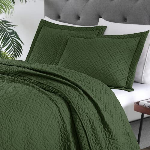 EXQ Home Quilt Set King Size Olive Green 3 Piece,Lightweight Soft Coverlet Modern Style Squares Pattern Bedspread Set(1 Quilt,2 Pillow Shams) - Image 2