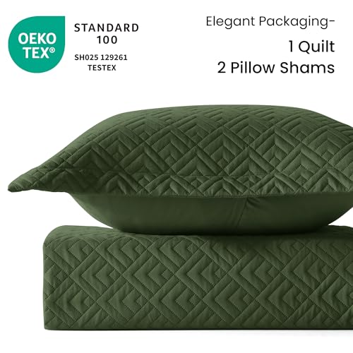 EXQ Home Quilt Set King Size Olive Green 3 Piece,Lightweight Soft Coverlet Modern Style Squares Pattern Bedspread Set(1 Quilt,2 Pillow Shams) - Image 3