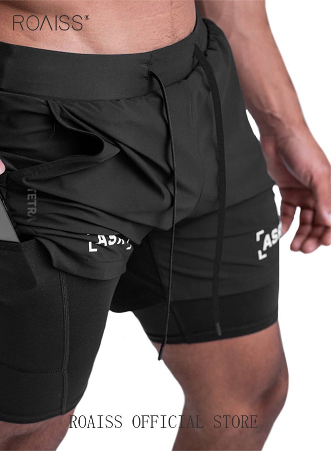 roaiss Five-Point Sports Shorts Half-Length Gym Shorts Fake Two-Piece Quick Drying Double Layer Basketball Pants Anti-Light Running Fitness Summer Black - Image 3