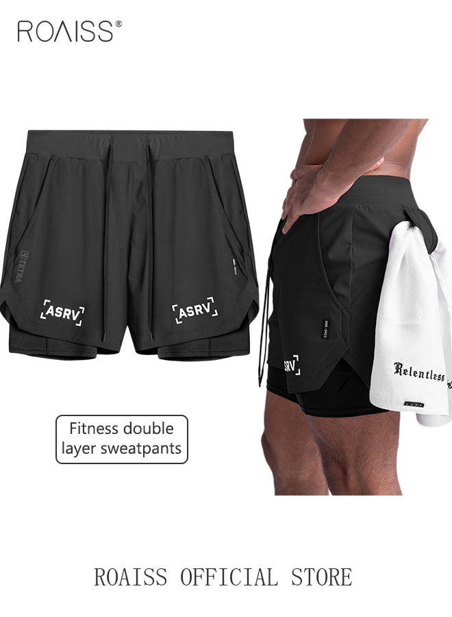 roaiss Five-Point Sports Shorts Half-Length Gym Shorts Fake Two-Piece Quick Drying Double Layer Basketball Pants Anti-Light Running Fitness Summer Black - Image 1