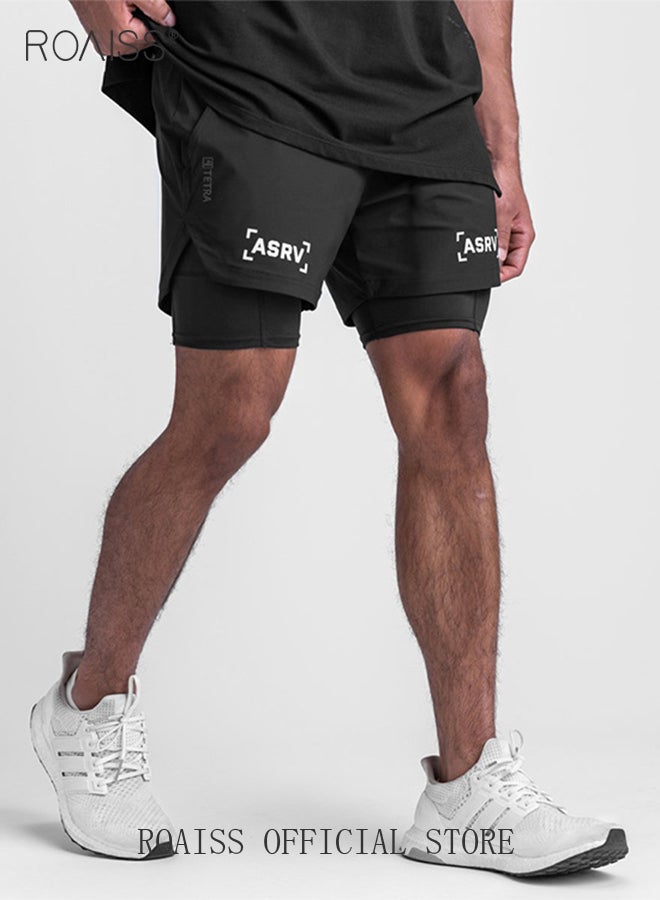 roaiss Five-Point Sports Shorts Half-Length Gym Shorts Fake Two-Piece Quick Drying Double Layer Basketball Pants Anti-Light Running Fitness Summer Black - Image 2