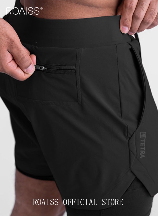 roaiss Five-Point Sports Shorts Half-Length Gym Shorts Fake Two-Piece Quick Drying Double Layer Basketball Pants Anti-Light Running Fitness Summer Black - Image 4