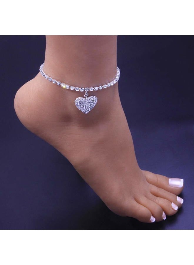 MIFYNN Heart Ankle Bracelets for Women Rhinestone Tennis Chain Love Heart Ankle Silver Foot Chain Crystal Anklet Beach Jewelry Adjustable 21+6cm (Silver) - Image 2