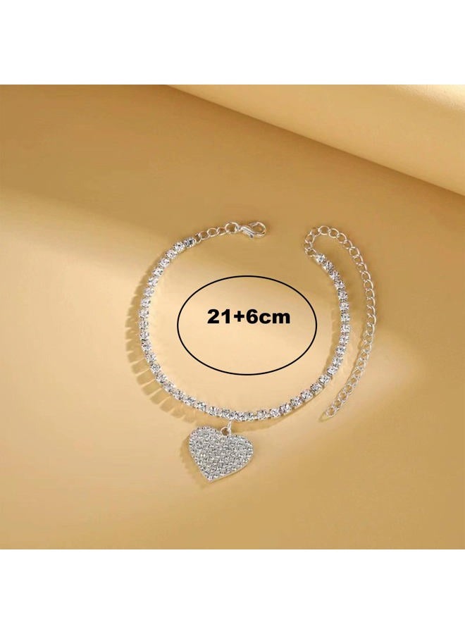 MIFYNN Heart Ankle Bracelets for Women Rhinestone Tennis Chain Love Heart Ankle Silver Foot Chain Crystal Anklet Beach Jewelry Adjustable 21+6cm (Silver) - Image 5