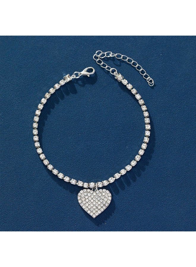 MIFYNN Heart Ankle Bracelets for Women Rhinestone Tennis Chain Love Heart Ankle Silver Foot Chain Crystal Anklet Beach Jewelry Adjustable 21+6cm (Silver) - Image 4