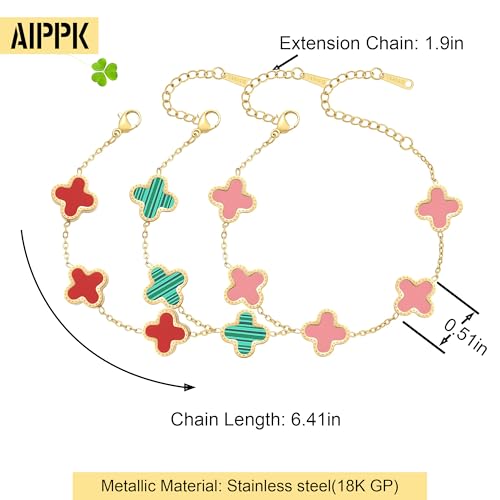 AIPPK 18K Gold Plated Clover Bracelet Set for Women Fashion Simple Four Leaf Lucky Flower Bracelets Jewelry Gifts for Women 3Pcs (Red+Green+Pink) - Image 2