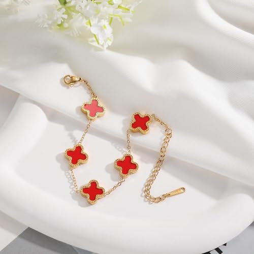 AIPPK 18K Gold Plated Clover Bracelet Set for Women Fashion Simple Four Leaf Lucky Flower Bracelets Jewelry Gifts for Women 3Pcs (Red+Green+Pink) - Image 3